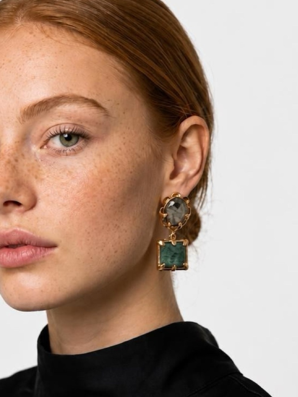 Gold and Emerald Green Drop Earrings - Picture 5 of 7